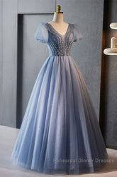 Unique And Beautiful Sky Blue Beaded Rhinestone Fluffy Short Sleeved Ball Dress With Sky Blue A-Shaped Princess V-Neck Backless Strap And Ground Length Evening Dress